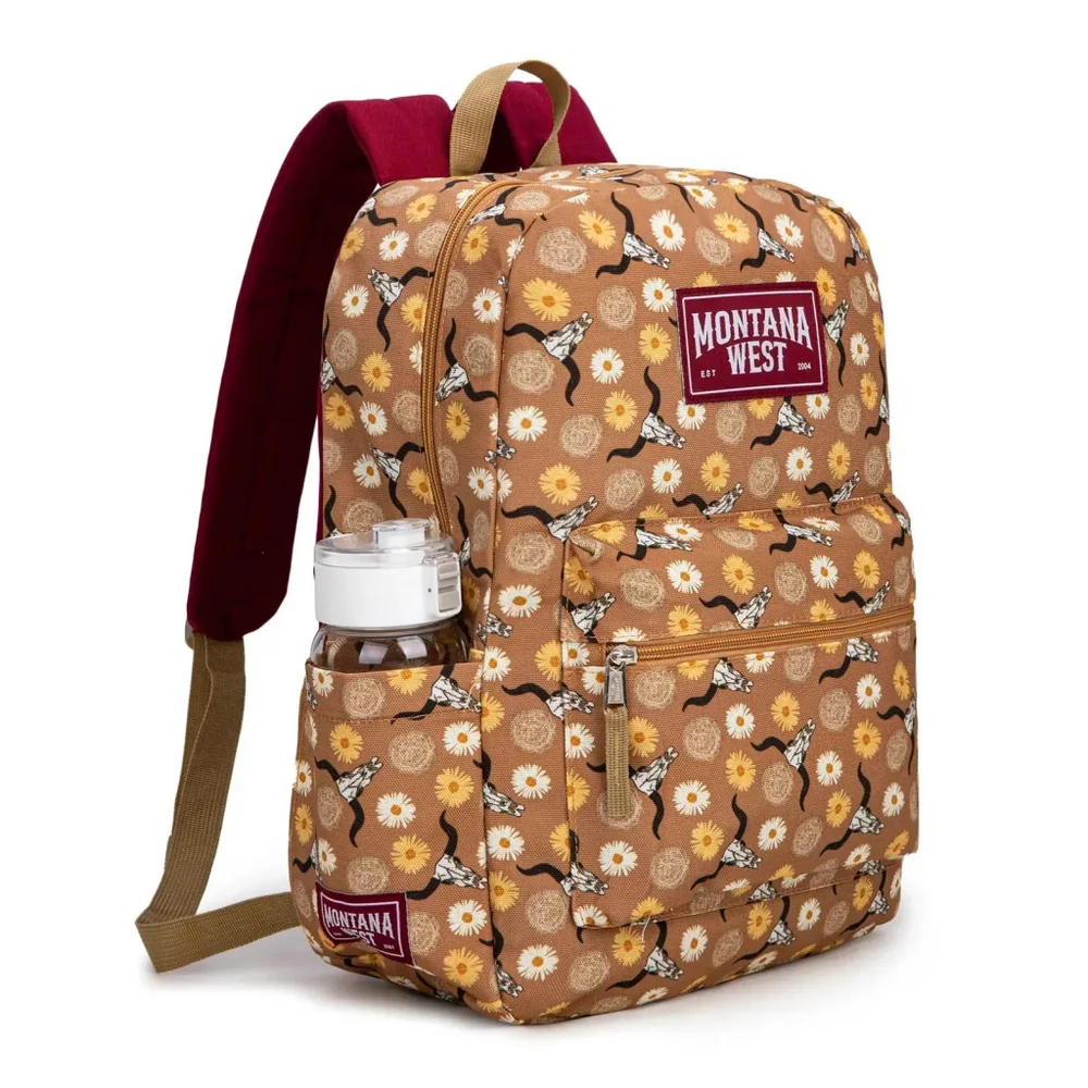 Montana West Sunflower Longhorn Print Backpack -2Pcs Set - Brown
